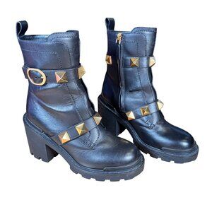 Valentino Garavani Roman Stud Combat Boot Black Leather Size EU 37 US 7